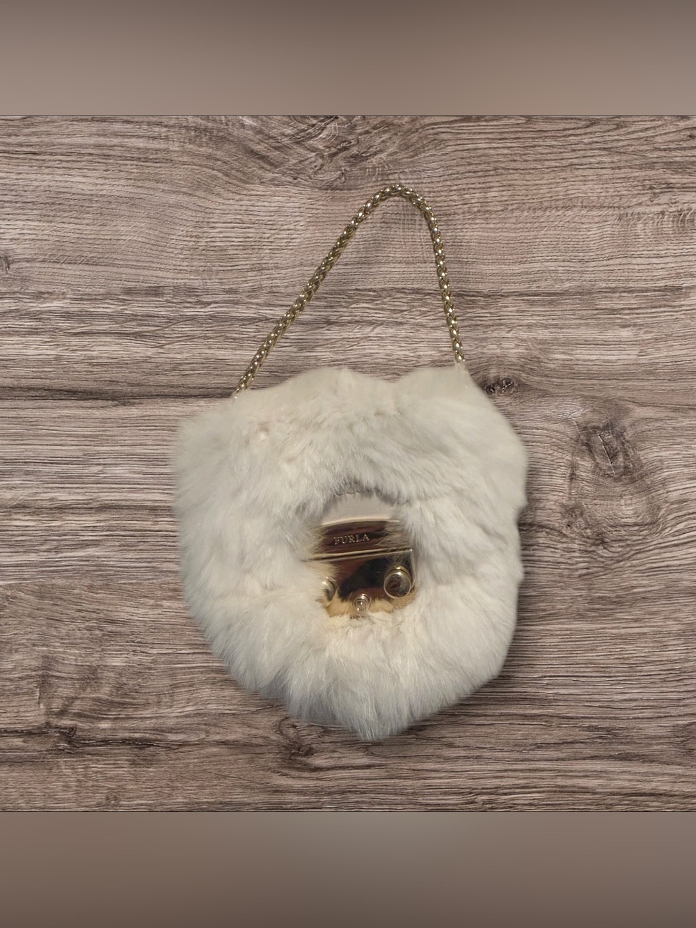 Furla Cream rabbit Fur Mini Bag with Gold Chain